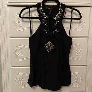 BCBG pearl and rhinestoned silk blouse